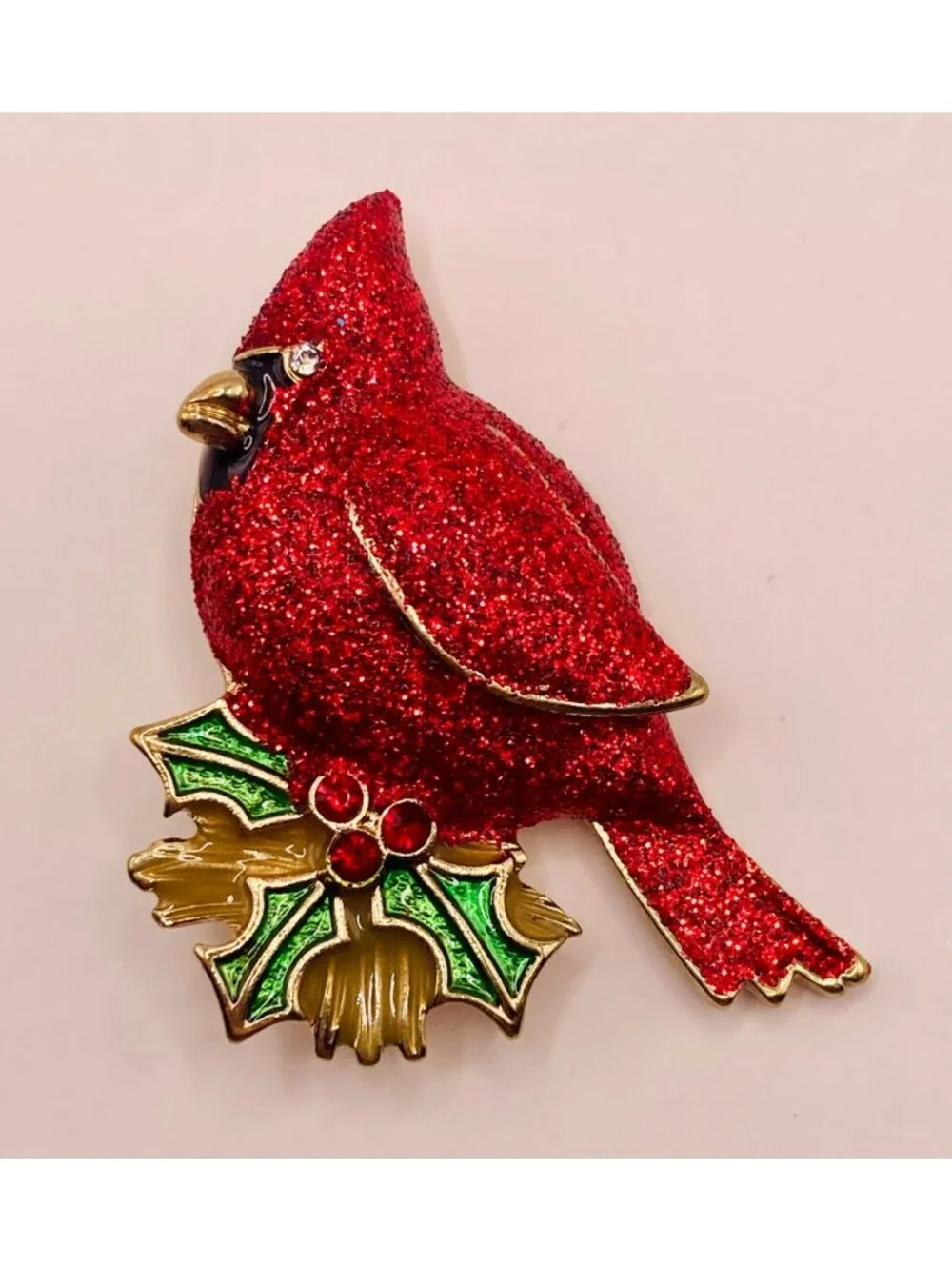 Vintage Red Glitter Christmas Holiday Cardinal Bird Brooch Pin Holly Leaves -17B